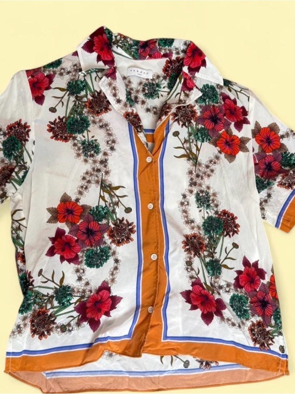 Sandro Floral Print Top in White with Green & Orange Accents 100% Silk